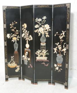 Appraisal: Panel Inlaid Asian Screen Room Divider Applied stone floral vase