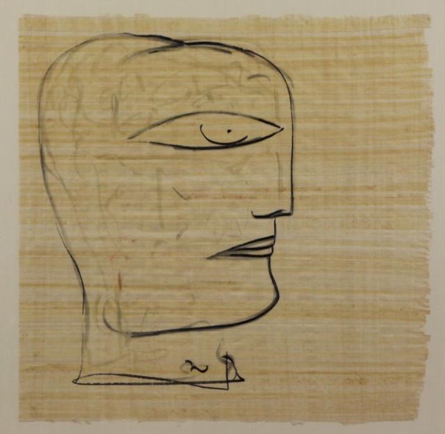 Appraisal: JAMALI Ink on Papayrus Drawing of a Head Accompanied by