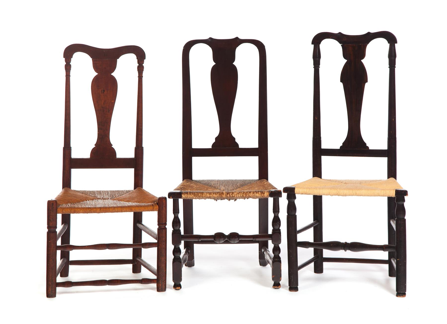 Appraisal: THREE AMERICAN QUEEN ANNE SIDE CHAIRS Mid th century mixed