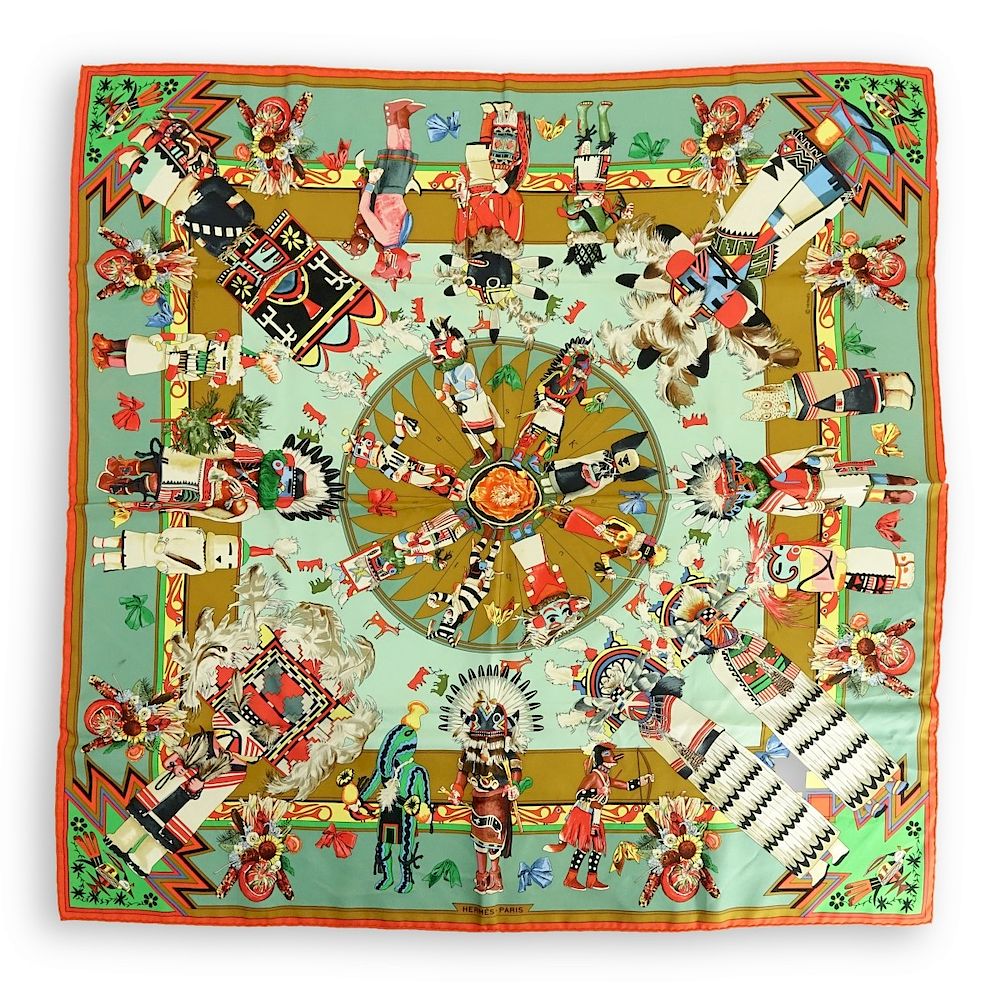 Appraisal: Hermes Kermit Oliver Kachinas Twill Silk Scarf Hermes Kermit Oliver