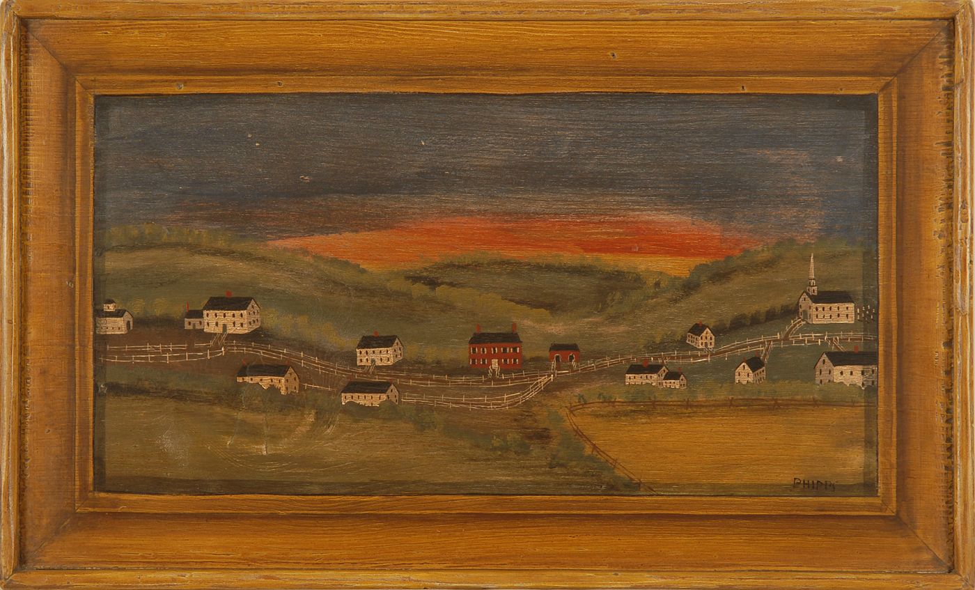 Appraisal: FRAMED PRIMITIVE PAINTING Rural village scene at sunset with painted