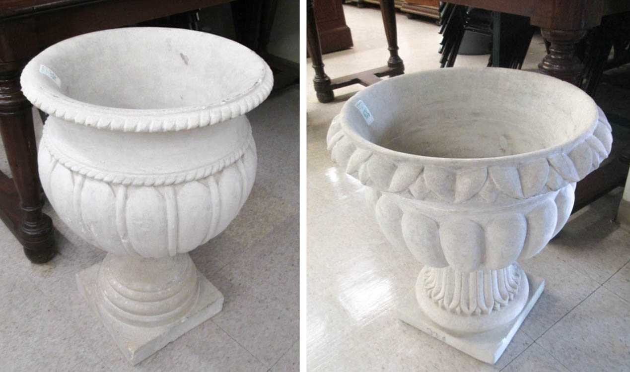 Appraisal: TWO CARVED STONE PLANTERS round bowl form on pedestal H