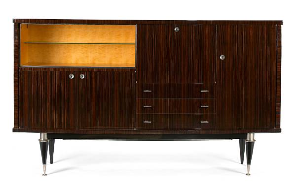 Appraisal: An Art Deco macassar and chrome buffet bar s shelved