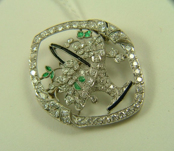 Appraisal: ESTATE DIAMOND EMERALD AND SAPPHIRE BROOCH K white gold c