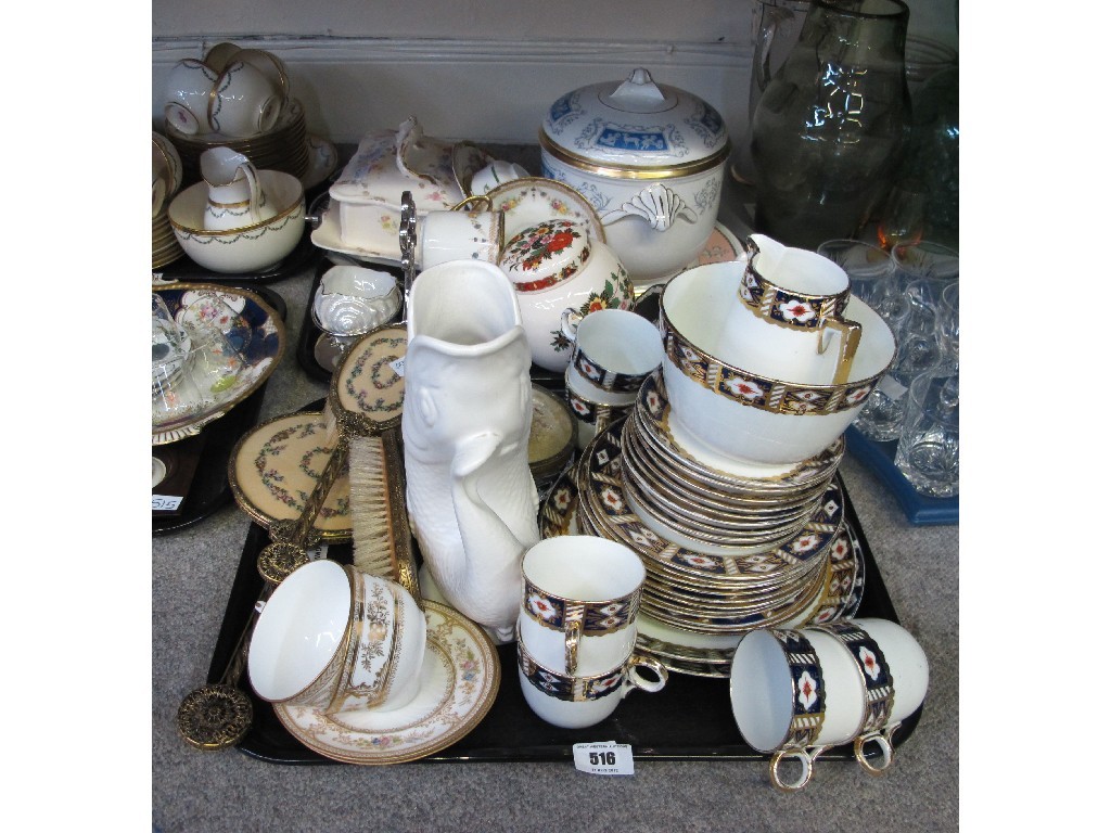 Appraisal: Two trays of assorted ceramics teawares petit point dressing table