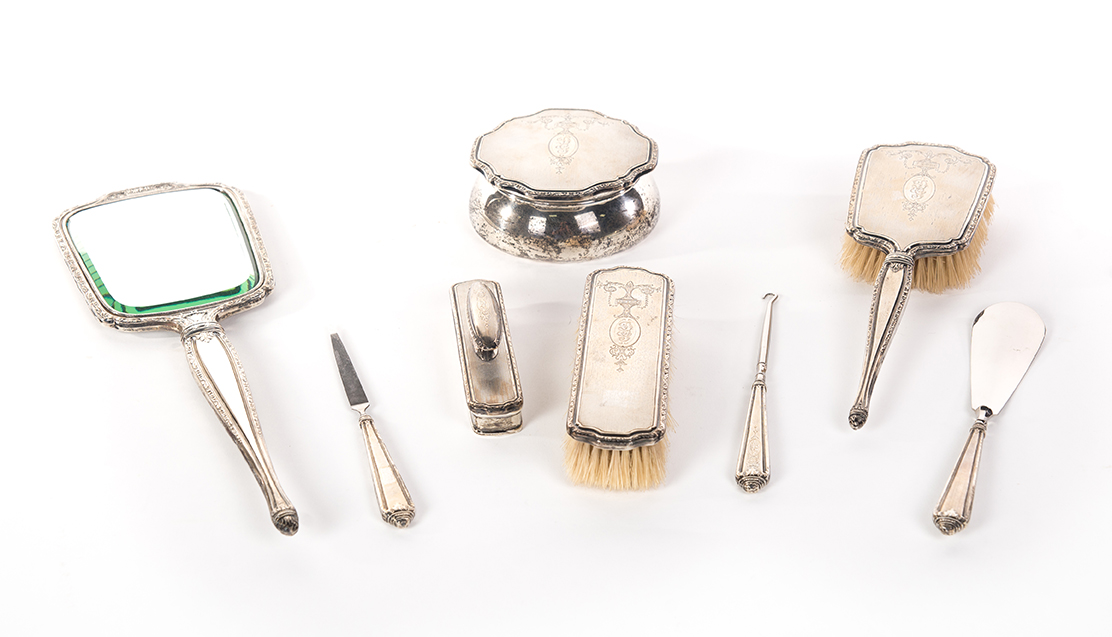 Appraisal: INTERNATIONAL STERLING SILVER EIGHT-PIECE DRESSER SET American ca Nicely chased