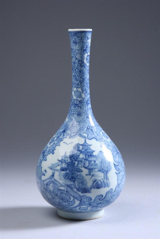 Appraisal: CHINESE BLUE AND WHITE PORCELAIN BOTTLE VASE Pavilion decoration -