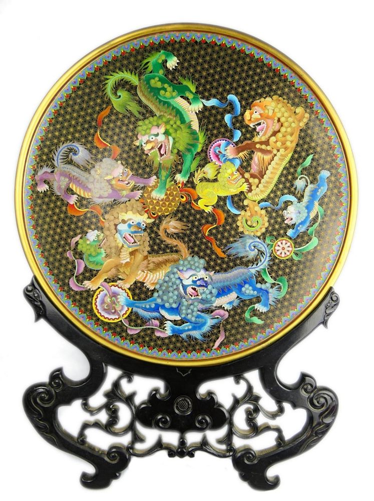 Appraisal: HEAVY CHINESE CLOISONNE FOO LIONS CHARGER A very heavy and