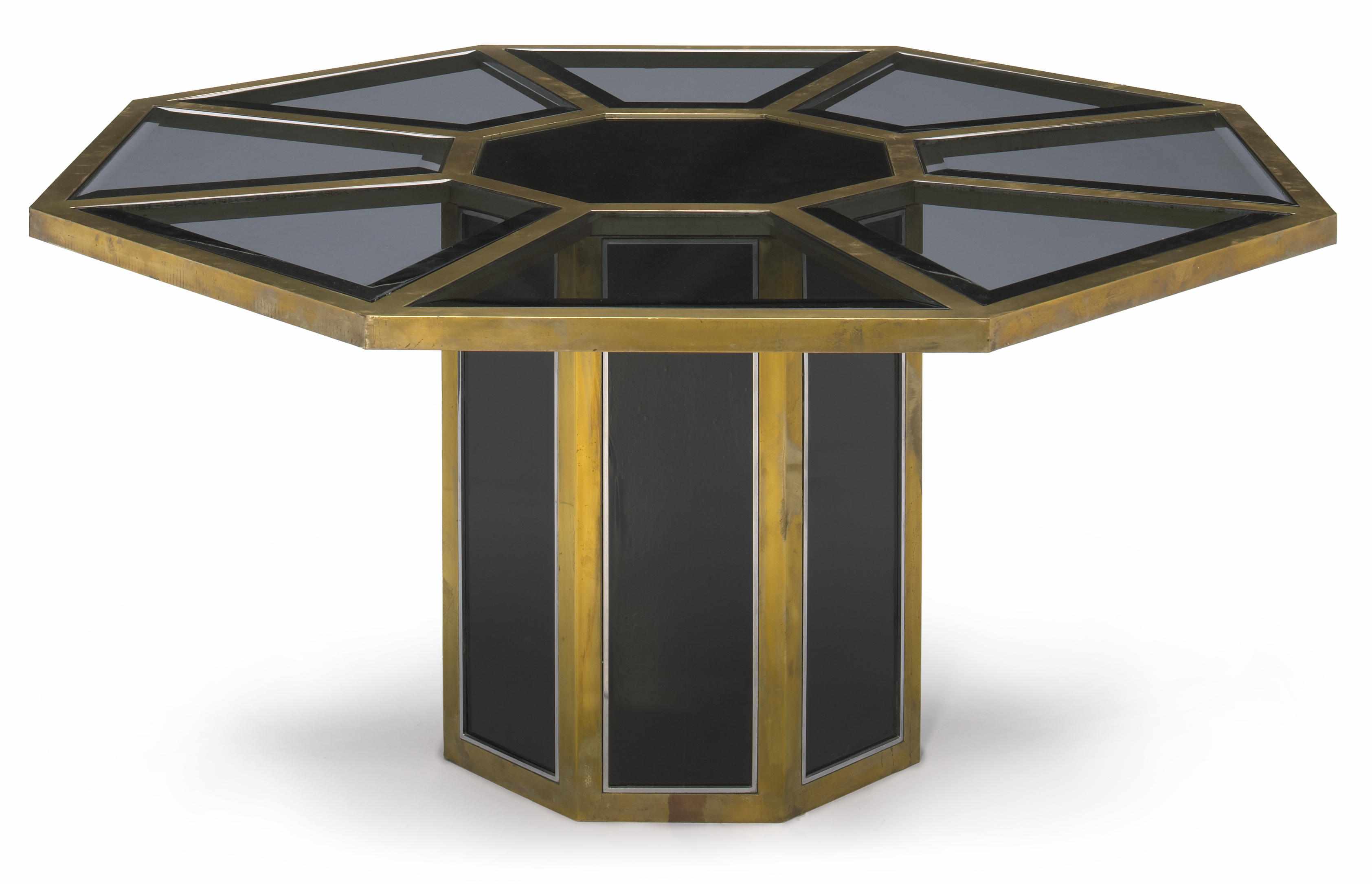 Appraisal: A glass wood and mixed metal octagonal center table attributed