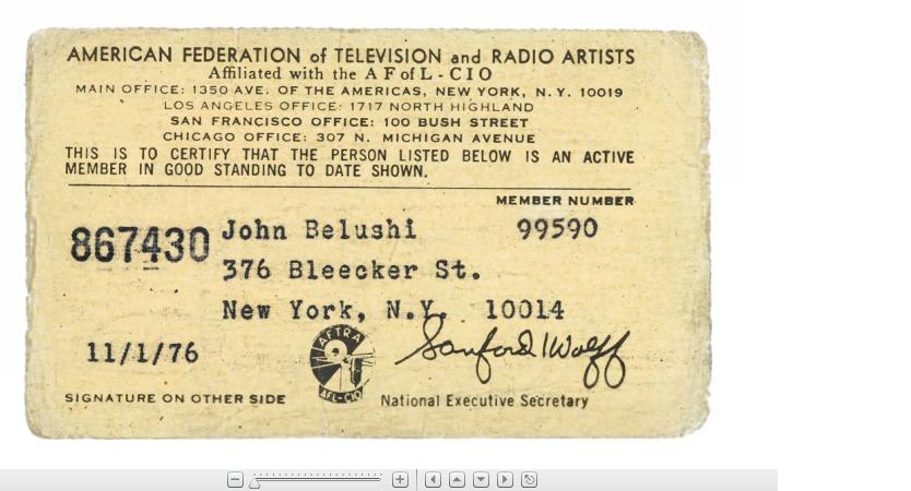 Appraisal: JOHN BELUSHI John Belushi's AFTRA Membership card Signed in blue