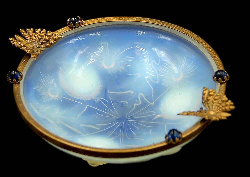 Appraisal: French Opalescent Glass Tray With Bronze Mounts French Opalescent Glass