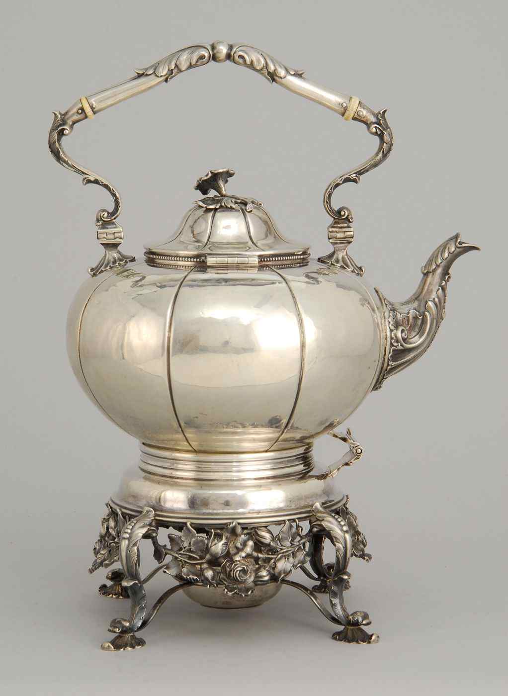 Appraisal: AMERICAN SILVER TEA KETTLE-ON-STAND BY SAMUEL T CROSBY OF BOSTONCirca