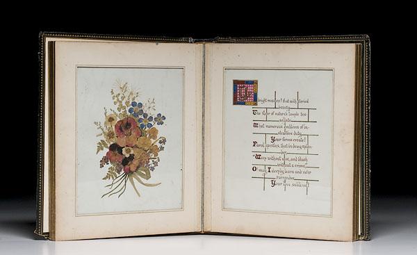 Appraisal: LEATHER BOUND QUARTO VOLUME OF MANUSCRIPT POEM AND FLORAL ARRANGEMENTS