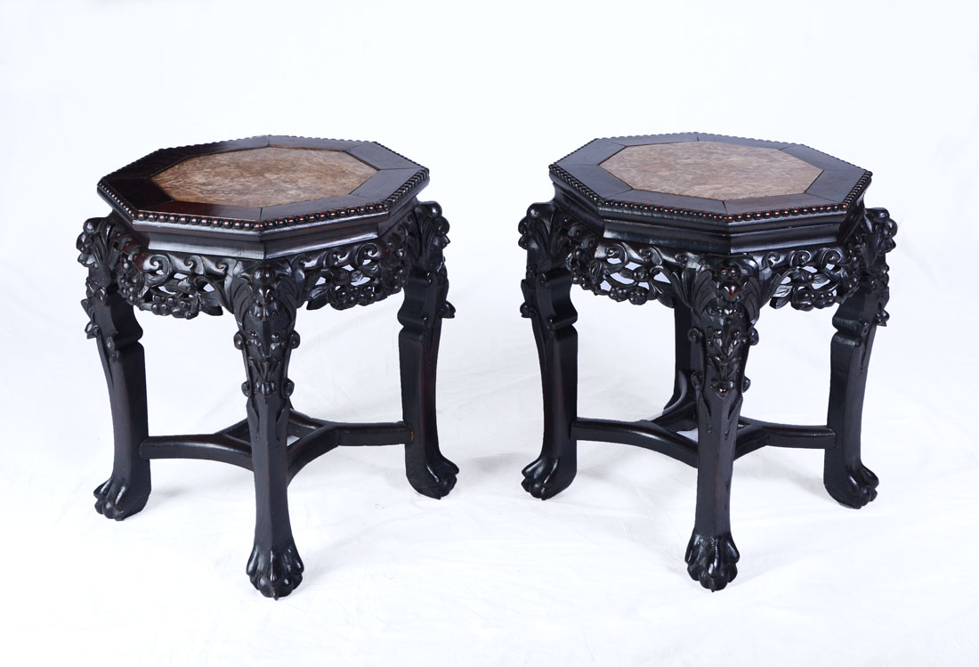 Appraisal: PAIR ORIENTAL INSET MARBLE LAMP TABLES Octagonal top lamp tables