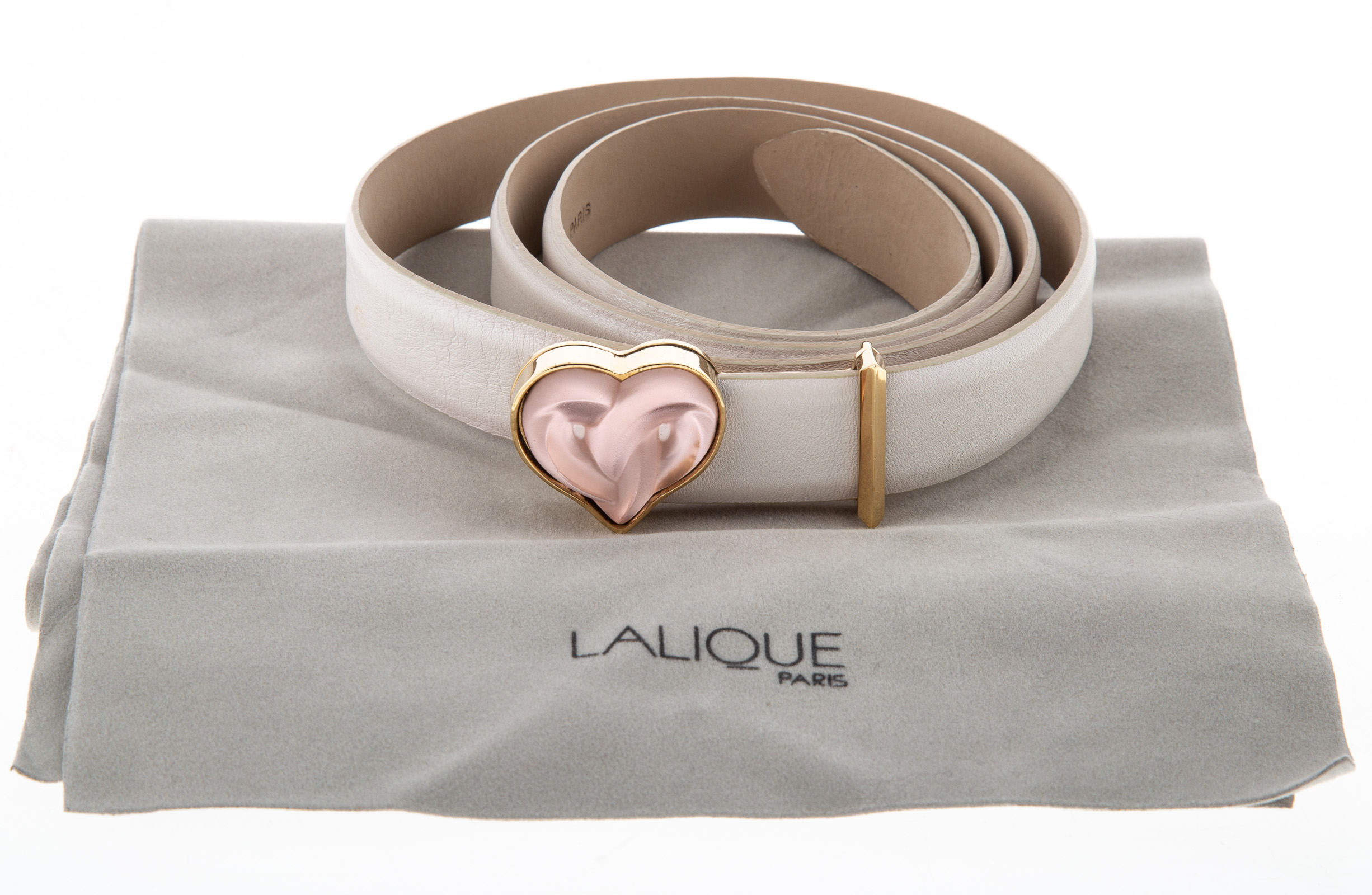 Appraisal: LALIQUE PINK FROSTED CRYSTAL HEART LEATHER BELT pearlescent off white