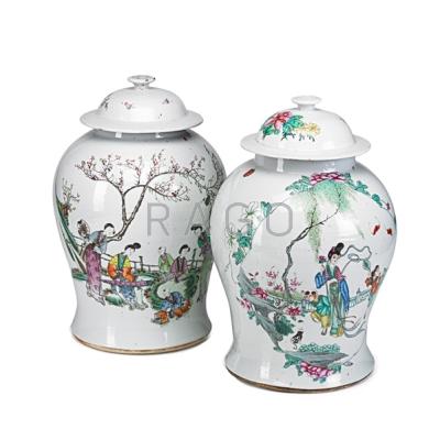 Appraisal: PAIR OF CHINESE PORCELAIN GINGER JARS Famille rose decoration with