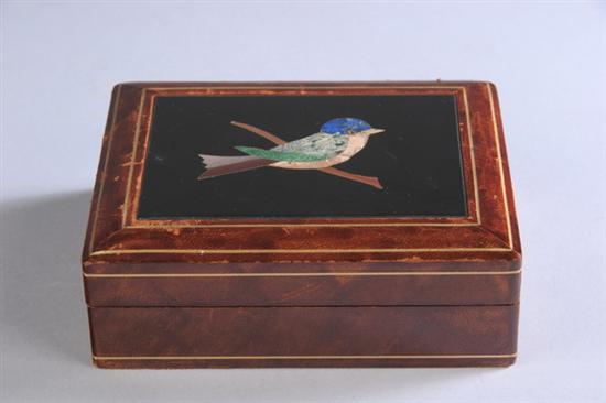 Appraisal: PIETRA DURA INLAID LEATHER CIGARETTE BOX first quarter th century