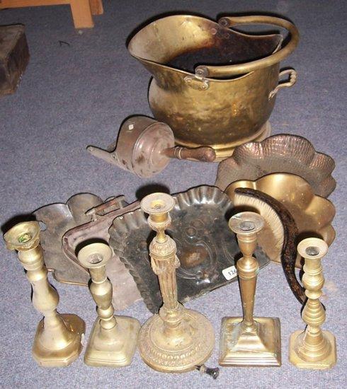 Appraisal: Two crumb scoops various brass candlesticks etc