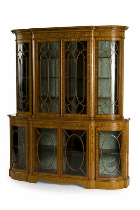 Appraisal: A fine Edwardian breakfront satinwood and marquetry display cabinet inlaid