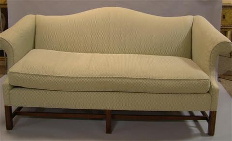 Appraisal: CHIPPENDALE STYLE MAHOGANY GREEN AND CREAM NEWLY UPHOLSTERED SOFA h