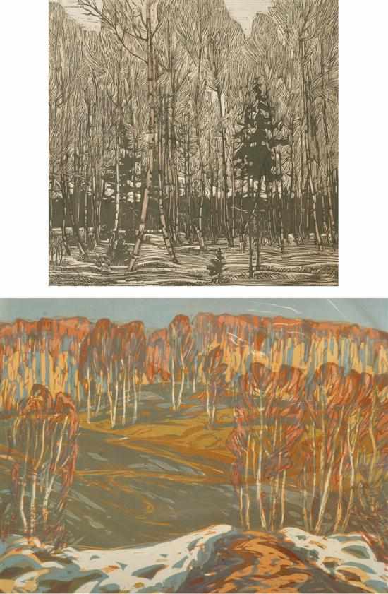 Appraisal: Pair of Russian works i Vosha Landscape woodblock x cm