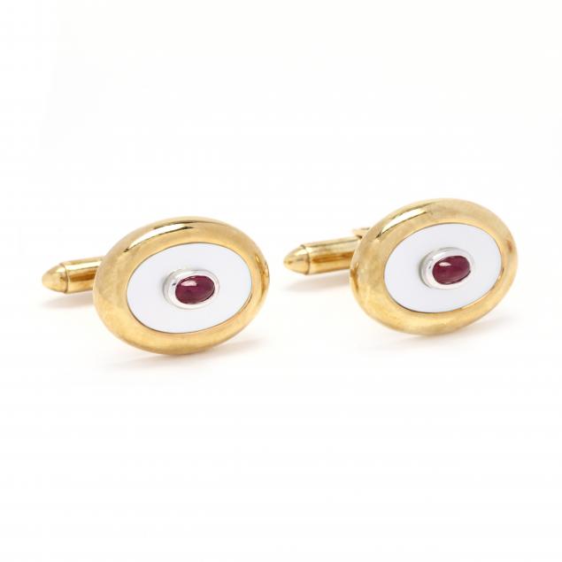 Appraisal: GOLD AND GEM-SET CUFFLINKS Of oval form and with a