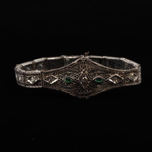 Appraisal: Edwardian Art Deco filigree paste bracelet emerald and colorless crystals