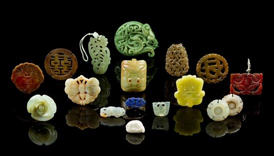 Appraisal: Sale Lot Seventeen Hardstone Articles comprising four jadeite carvings depicting