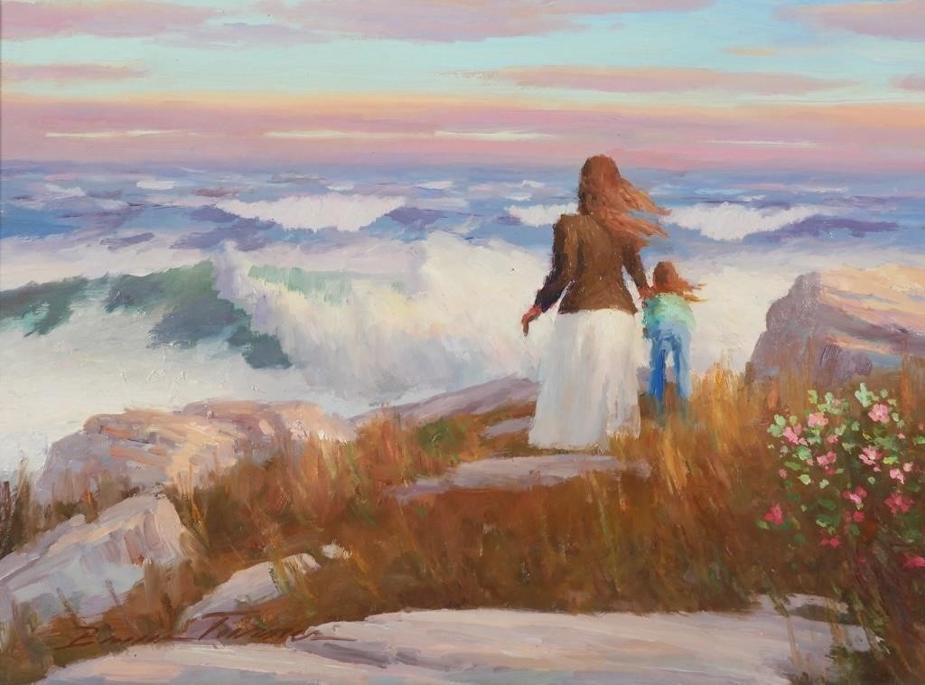 Appraisal: Oil on board seascape painting showing a mother and child