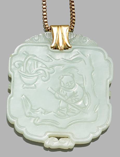 Appraisal: A white jade pendant plaque Of rectangular form with scalloped