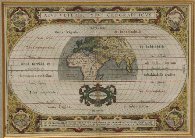 Appraisal: Framed hand-painted map Aevi Veteris Typus Geographicus by Abraham Ortelius