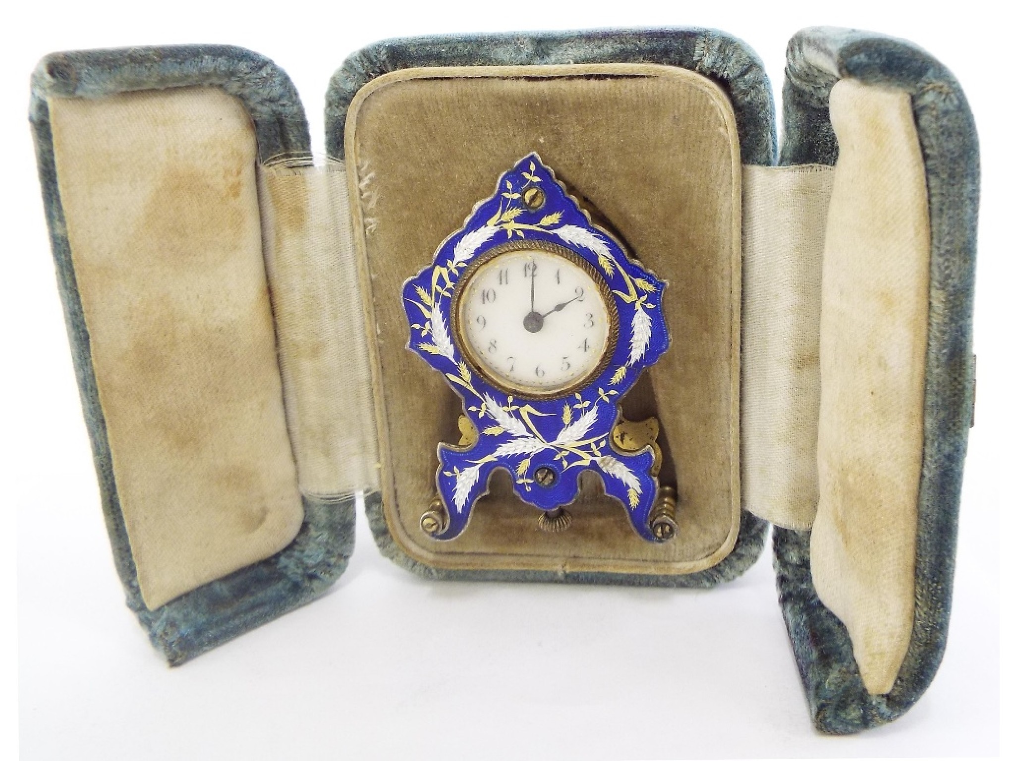 Appraisal: French miniature blue and silver enamelled clock timepiece the white