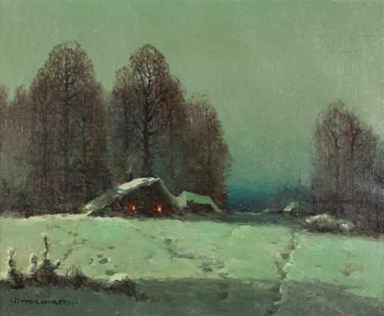 Appraisal: Wiktor Korecki Polish - Snowy Landscape with Cottages oil on