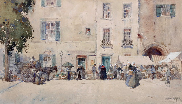 Appraisal: PERCY LANCASTER'A Street Scene on Market Day' watercolour on paper