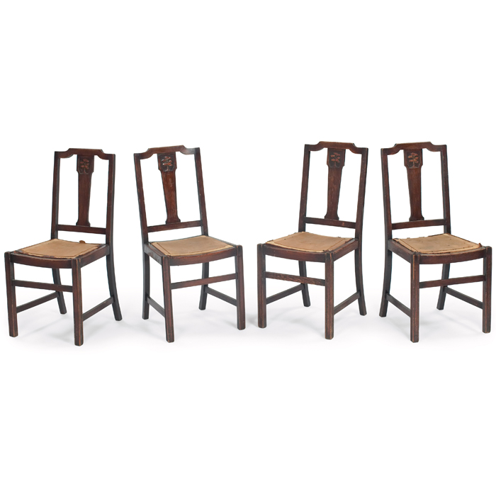 Appraisal: Arts Crafts side chairs set of four carved tree motif