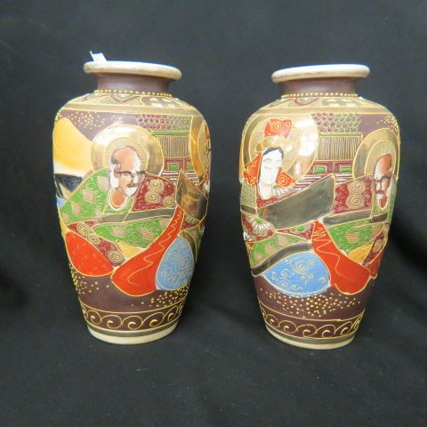 Appraisal: Pair of Japanese Satsuma Pottery Vases family scene excellent