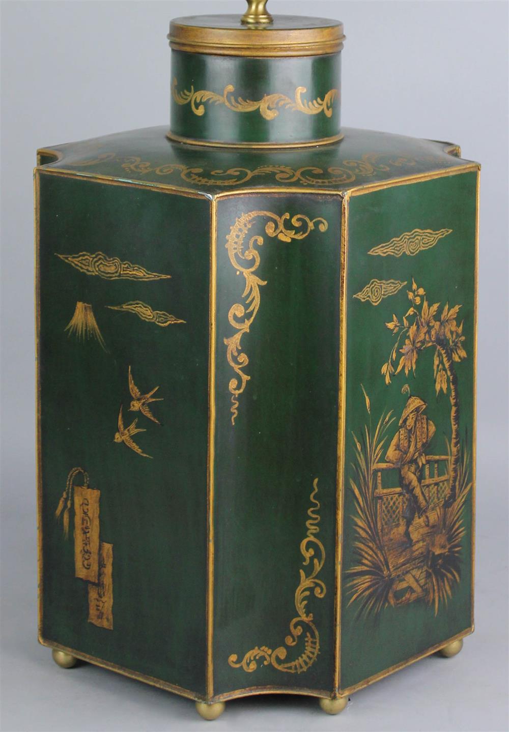 Appraisal: CHINOISERIE TOLE PEINTE SHAPED TEA CANISTER FITTED AS A TABLE