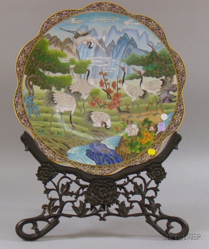 Appraisal: Asian Cloisonne Charger with Carved Hardwood Stand scallop-edge charger depicting