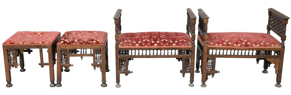 Appraisal: Two Pairs of Moorish Style Benches and Stools some missing