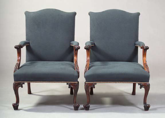 Appraisal: Pair of George III-Style Mahogany Armchairs in the French Chippendale