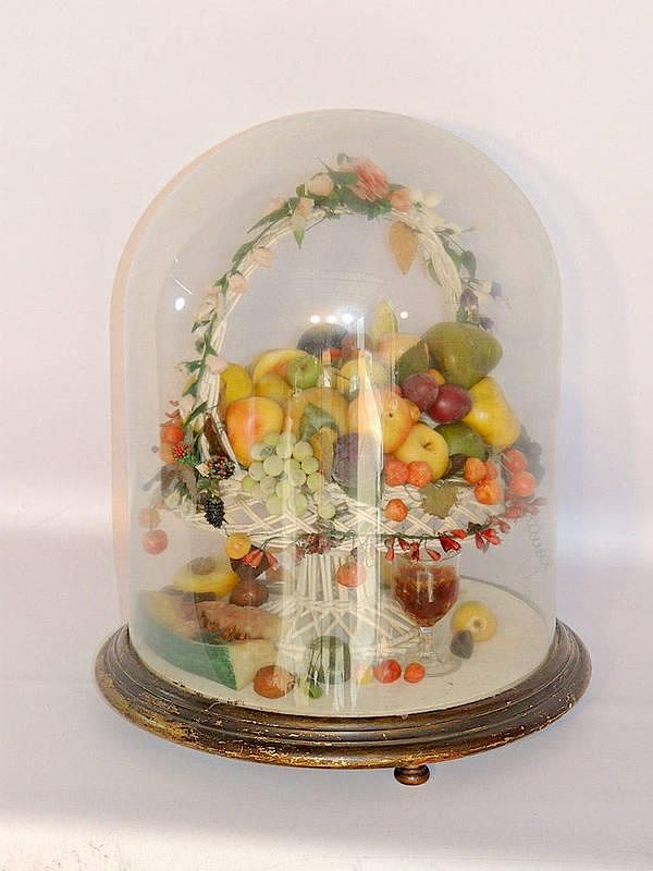 Appraisal: Victorian Wax Fruit In wicker basket under glass dome on