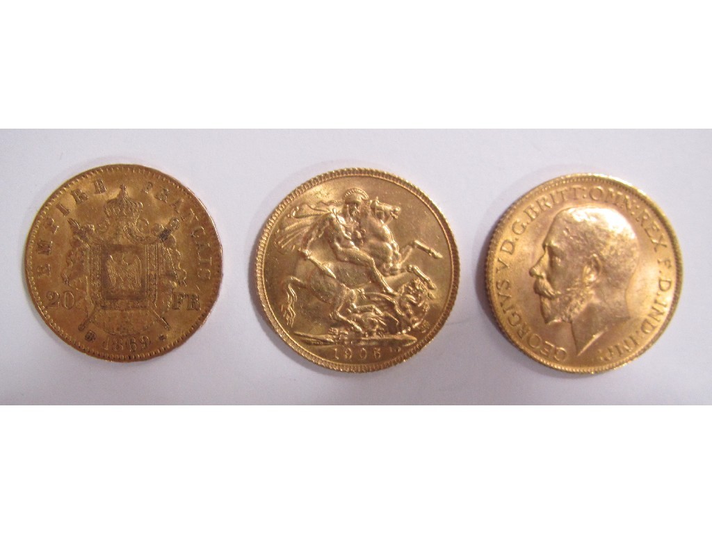 Appraisal: Napoleon franc gold coin dated an Edward VII sovereign dated