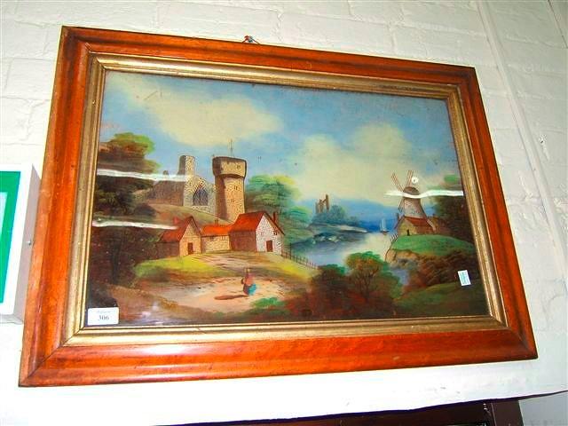 Appraisal: A coastal scene with castle and mill reverse glass painting