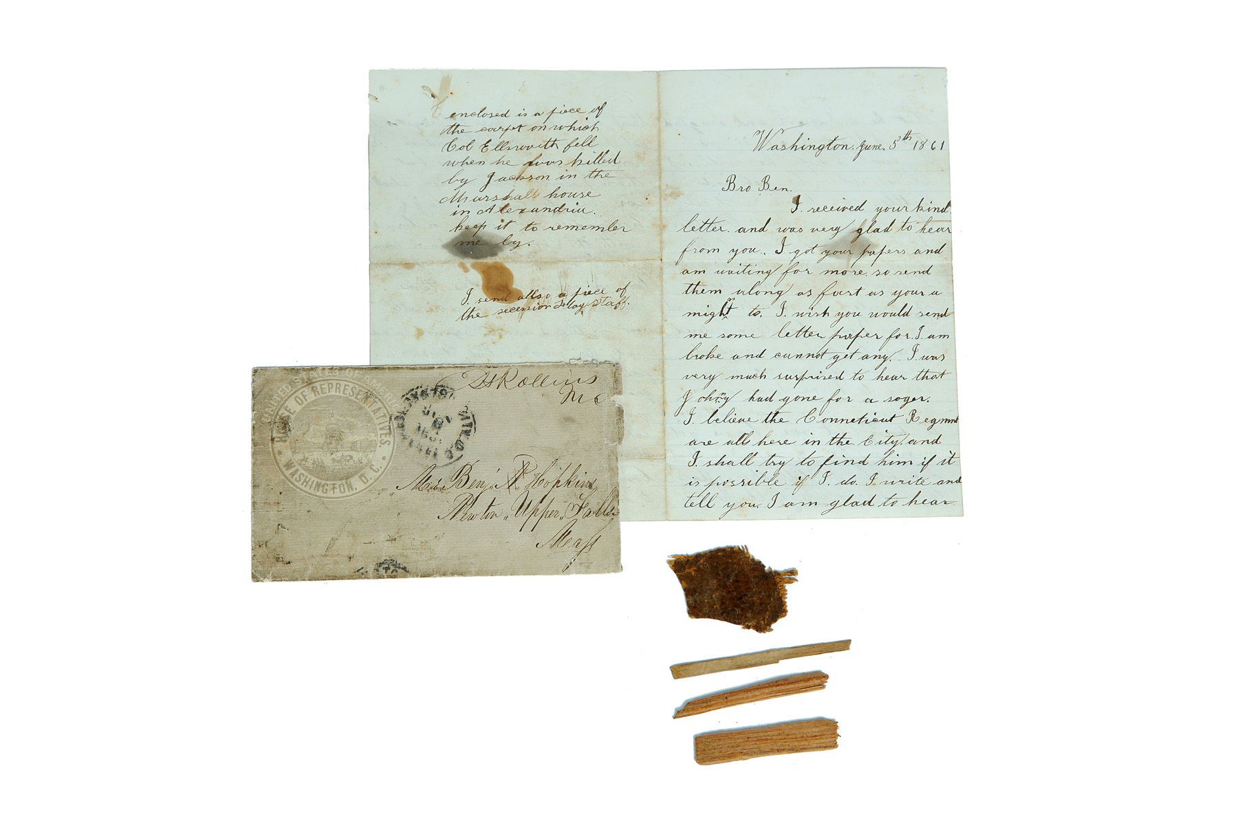 Appraisal: ELMER ELLSWORTH DEATH RELICS WITH GIFT LETTER Dated Washington June