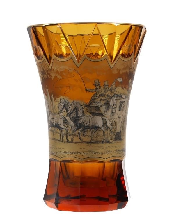 Appraisal: Vintage amber art glass vase with stagecoach scene All around