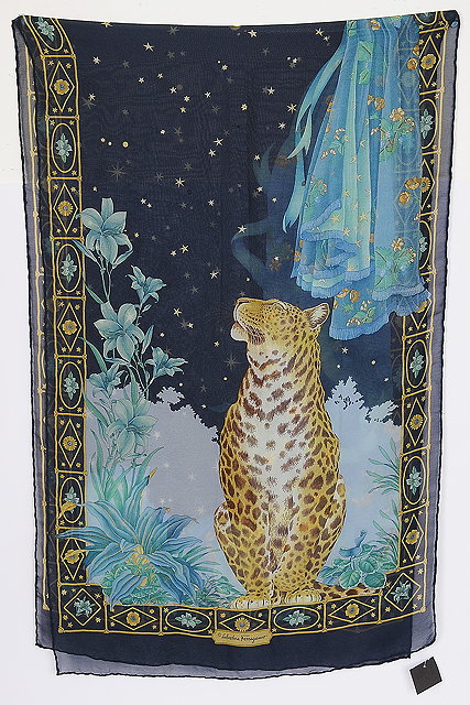 Appraisal: A navy Salvatore Ferragamo chiffon scarf depicting a leopard looking