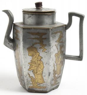 Appraisal: Chinese Pewter Brass Inlaid Teapot Depicting the Eight Immortals H