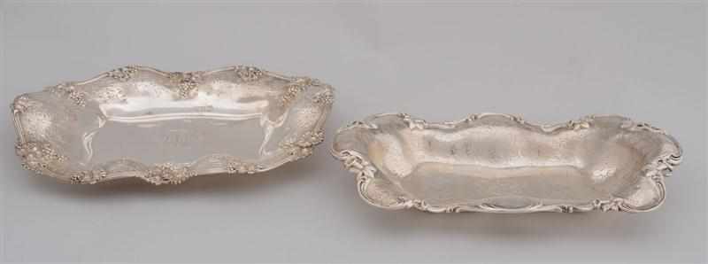 Appraisal: TWO AMERICAN ART NOUVEAU MONOGRAMMED SILVER BREAD TRAYS The larger