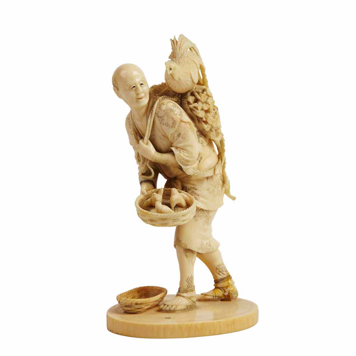 Appraisal: Ivory Okimono of a Chicken Farmer Circa The figure carrying