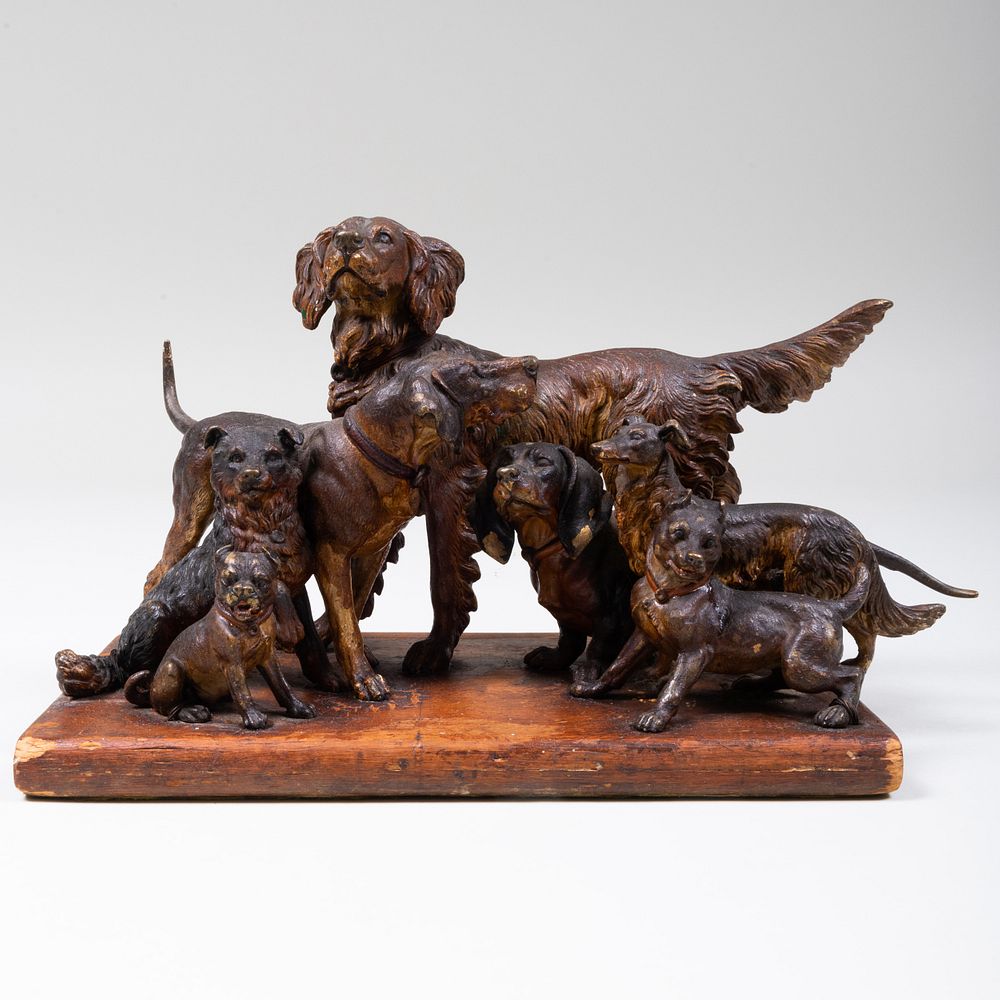 Appraisal: Continental Cold Painted Bronze Dog Group On a wood base